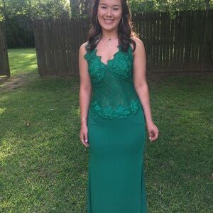 May Queen Emerald Green Lace Prom Gown